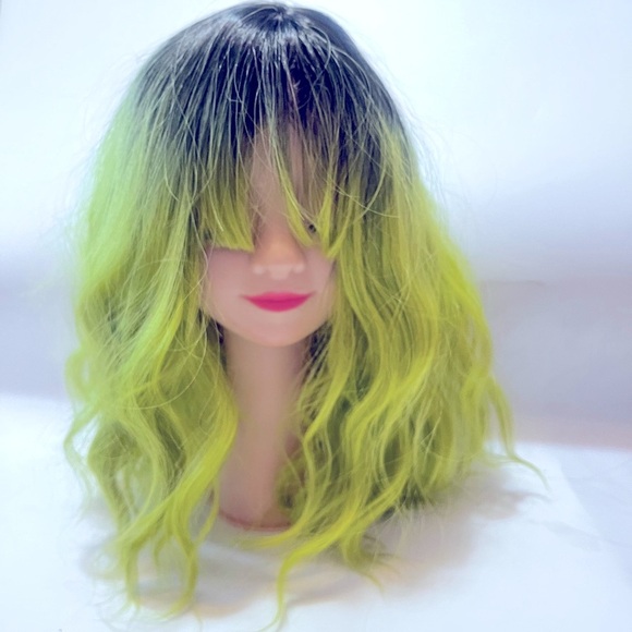 GREEN OMBRE WAVY WIG ISABELLA Green and Black Wavy Ombre Wig with Bangs - Picture 6 of 7